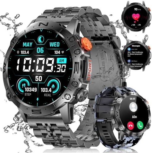 Smartwatch Herren Militär – 1,6" AMOLED, Bluetooth-Telefonie, 600 MAh Akku, 100+ Sportmodi, 5 ATM Wasserdicht