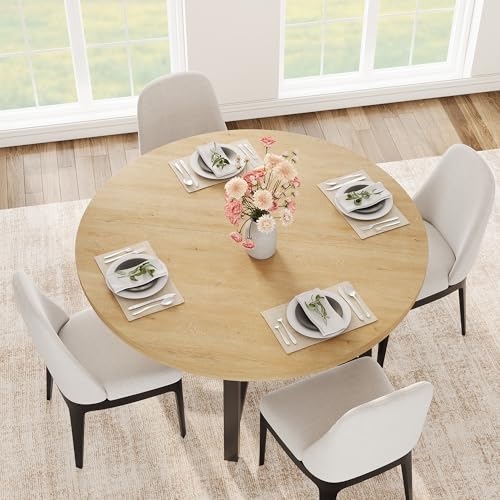 Image of IDEALHOUSE 47 inch Round Dining Table for 4, Kitchen Dining Room Table with Sturdy Metal Frame, Wood Circle Kitchen Table for Space Saving -Burlywood