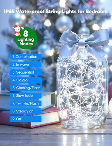 Image of Minetom 20 Pack White Battery Operated Fairy String Lights 8 Modes | 7ft 20LED Waterproof Silver Wire Twinkle Lights, Firefly Starry Moon Lights for Mason Jars DIY Christmas Wedding Part