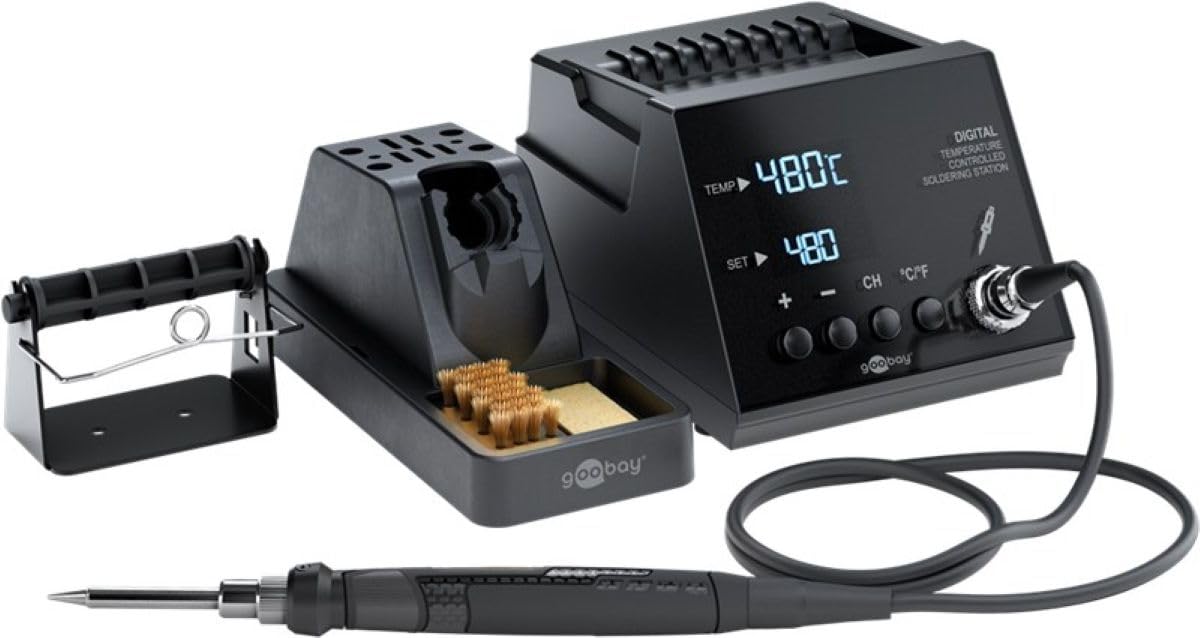 Stazione di saldatura digitale goobay 70 W, 160–480 °C, tempo di riscaldamento 8 sec, display LED, funzione di memoria, incrementi di 1 °C, per elettronica, modellismo, incl. saldatore e accessori