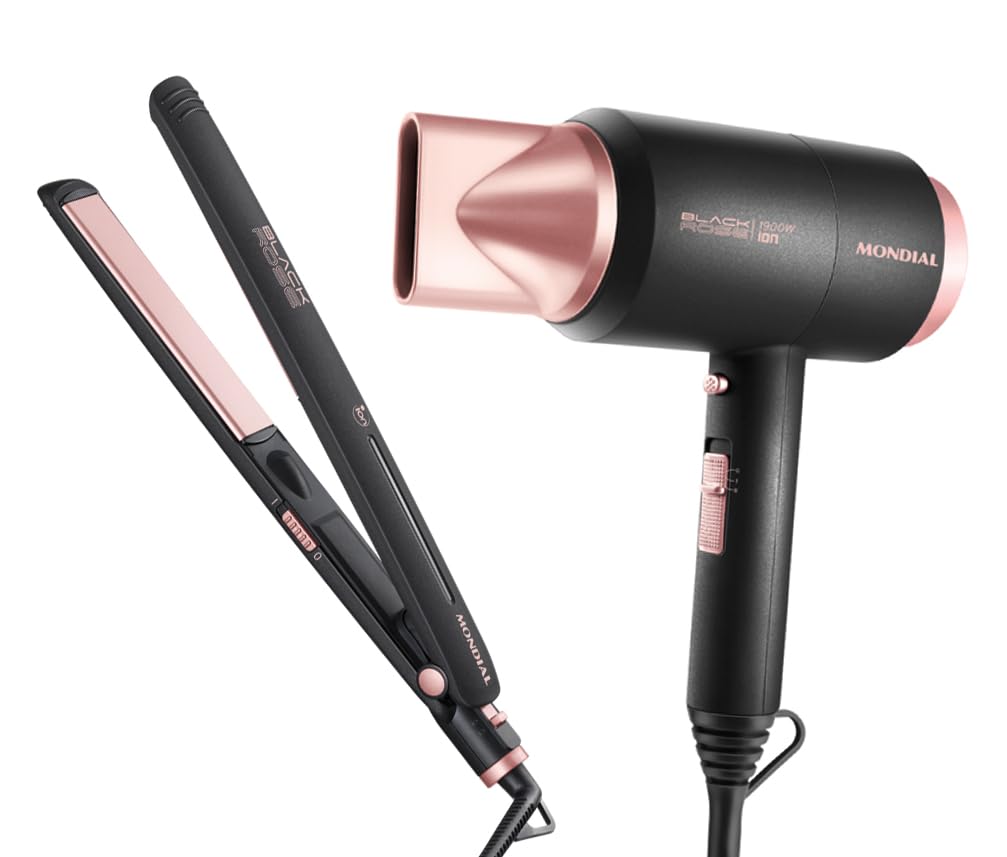 Kit Secador e Prancha Black Rose, Mondial, Preto/Golden Rose, 220V