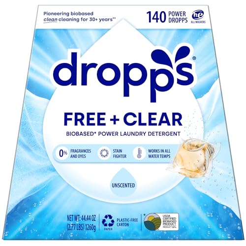 Dropps Free + Clear Biobased Power Laundry Detergent Pods, Unscented (140 Count) - HE Compatible Laundry Pods for Fresh Clothes - Laundry Soap Supplies & Recyclable Paperboard Packaging