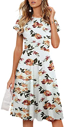HOMEYEE Women's Short Sleeve Floral Casual Aline Midi Dress A102(4,White+Pink Floral)