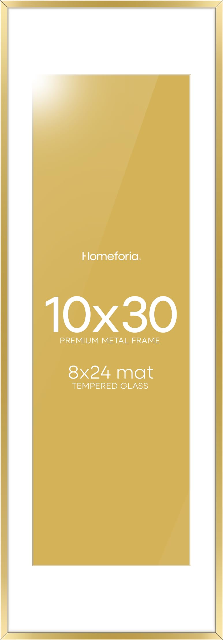 Homeforia 10x30 Gold Picture Frame, High-End Metal, 8x24 Mat, Glass | High End Aluminum, Tempered Glass, Acid-Free 8x24 Removable Mat, 10x30 in Edge-to-Edge Display 30x10, Wall Kit, Set Of 3