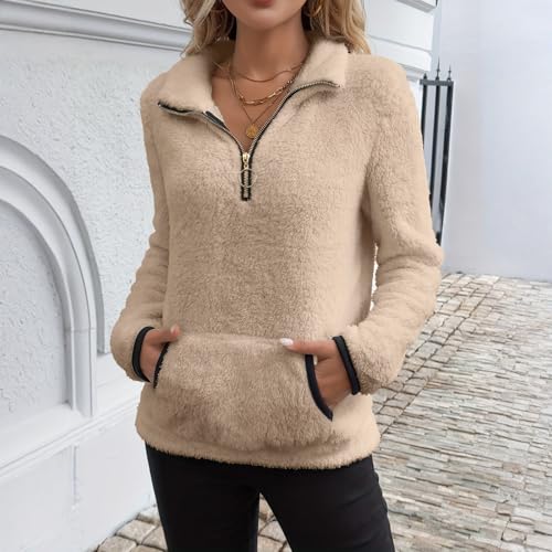 Rikbuig Khaki Womens Sweatshirts Oversized Half Quarter Zip Fleece Pullover - image 6