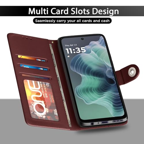 Image of Pikkme Flip Cover Leather Finish | Inside TPU with Card Pockets | Wallet Stand and Shock Proof | Complete Protection Button Flip Case for Moto G35 5G(Brown)