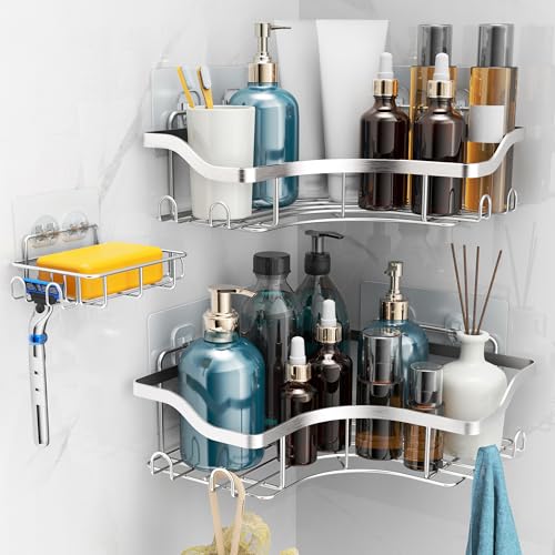 OETAMS Estanteria Baño sin Taladros 3 Piezas Estanteria Ducha Rinconera Acero Inoxidable, Estante Organizador para Almacenamiento de Champú Gel Jabonera (Plata)