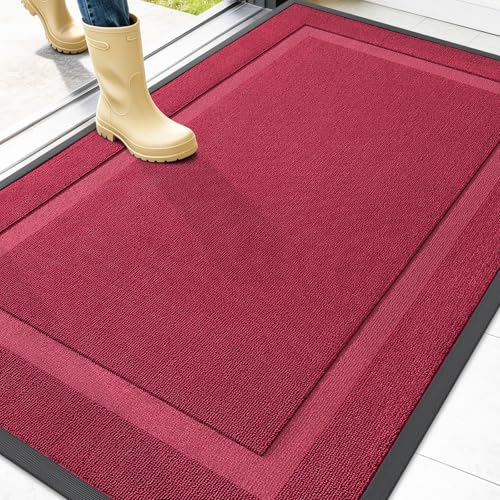Image of OLANLY Front Door Mat Indoor Outdoor Entrance, Waterproof All-Season, All-Weather Doormat, Sturdy Natural Rubber, Low Profile, Easy Clean Patio Porch Entryway Mat, 47x32, Burgundy