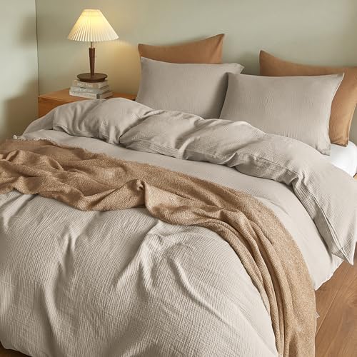 SE SOFTEXLY Muslin Duvet Cover California King Size, 100% Washed Cotton Duvet Cover Set, Soft Comforter Cover Linen Like, 3 Pieces Minimalist Gauze Duvet Cover with 2 Pillowcases, 98"x104", Beige