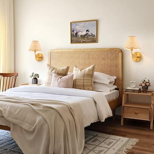 Elycucpa Boho Hand Woven Rattan Wall Sconces Set of Two Rustic Industrial Wall Lamp Brass Farmhouse Wall Lights for Bedroom Living Room Hallway Vanity, Dia 11”, UL Listed - Image 4