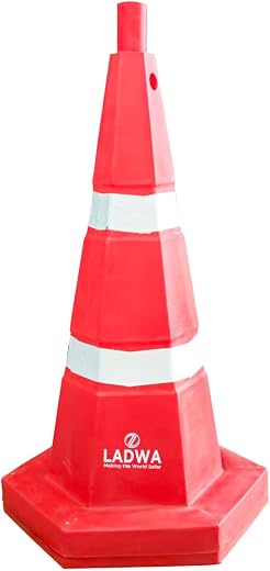 LADWA Heavy Duty Road Traffic Cone with Heavy Base, Non-Topple No-Fly Design, Chain Ring, Dual Reflective Strips for Night...