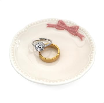 Ceramic Ring Holder Dish, White with Pink Bow | Small Jewelry Tray for Vanity