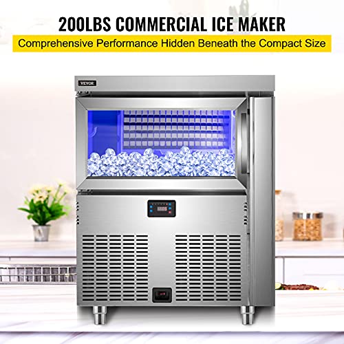 Vevor 110V Commercial Ice Maker Machine, 200Lbs/24H Stainless Steel Under Counter Ice Machine With 100Lbs Storage, 80Pcs Clear Cube, Auto Operation, Include Water Filter, 2 Scoops, Connection Hose #TOP6