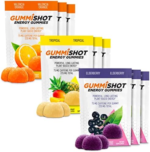 GummiShot Energy Gummies, 9-Pack Variety, 225 mg of Plant-Based Caffeine Chews per Pouch, Long Lasting Energy Boosters