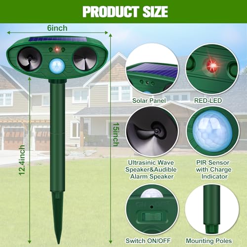 Ultrasonic Animal Repellent Outdoor, 2024 Newly Solar Powered Animal Repeller, Waterproof Cat Repellent Outdoor with Motion Sensor to Repel Squirrels, Raccoon, Rabbit, Fox & Skunk Out of Yard 2Pack