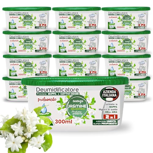 Deumidificatore Armadio Profumato Antimuffa e Assorbi Umidità 12x300ml, Ideale per Bagno, Casa e Ambienti con Muffa Stop (Gelsomino)