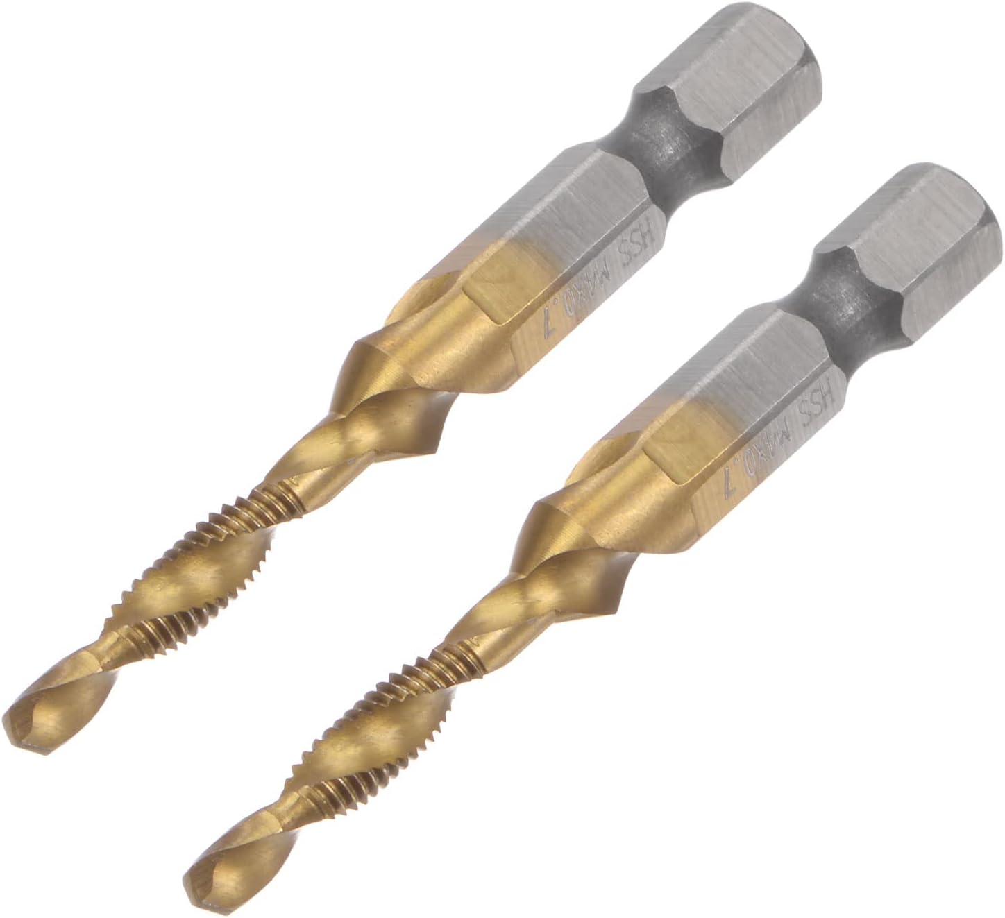 uxcell Combination Drill and Tap Bit, 1/4" Hex Shank M4 x 0.7 Metric Titanium Coated High Speed Steel 4341 Spiral Flute Drilling Tapping Tool 2pcs