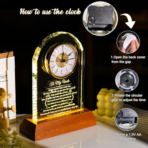 Image of Arikyrist Gifts for Uncle from Niece Nephew Glass Clock Birthday Gift with Wooden Light Base, Presents for Best Uncle Who Have Everything Fathers Day Christmas Keepsakes Table Decor