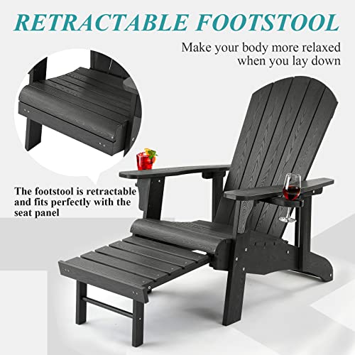 Leteuke Adirondack Chair With Adjustable Backrest (100°, 110°, 130°), Oversized Adirondack Chair With Ottoman And 2 Cup Holder, All-Weather Poly Lumber Adirondack Chairs For Patio, Outdoor, Black #TOP6