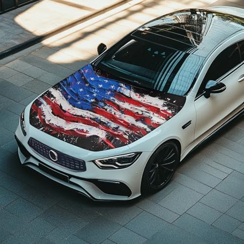 Image of Patriotic Car Hood Cover for Automobiles,Watercolor American Flag Car Bonnet Banner, Universal Fit, Elastic Polyester, Stretchable, Waterproof Automotive Hood Covers,Car Accessories