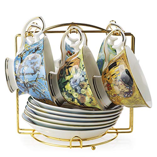 Van Gogh Bone China Set Of 6 Cups And Saucers With Rack, Coffee Cup And Saucer Set With Gift Box, 8-Ounce Art Coffee Mugs Set #TOP5