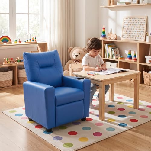 Image of 23 inch PU Leather Recliner Chair with Cup Holder and Recline, Blue