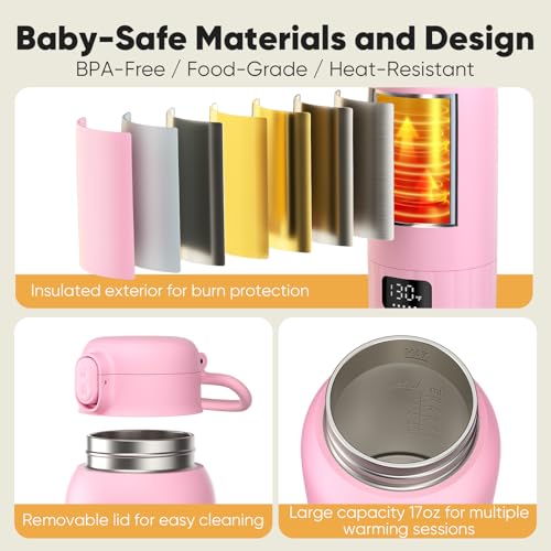 Image of Portable Bottle Warmer for Travel, Fast Heating Milk Warmer On The Go, 17 OZ Water Warmer for Milk, Formula, Water, Temp Control 98F -131F, Baby Essentials for Outdoor Airplane Car Journey, Pink