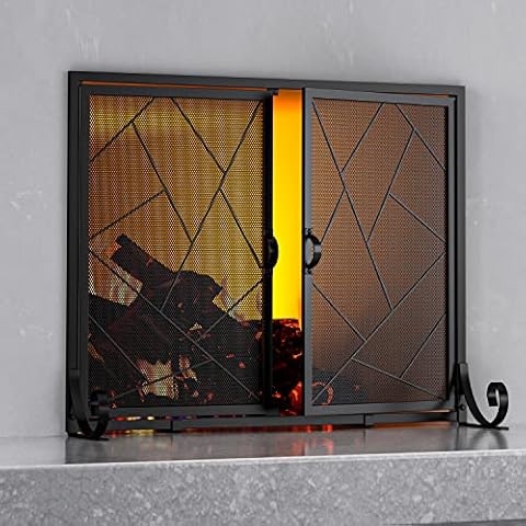 Fire Beauty Fireplace Screen with Hinged Doors Cast Iron Border Sturdy Steel Frame Durable Metal Mesh Decorative Free Standing Spark Guard Black Finish Cover