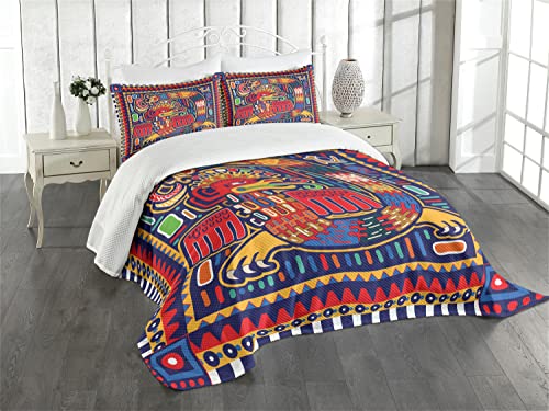 Lunarable Mexican Bedspread, Culture Pattern Colorful Art Abstract Snake In Vivid Folk Style, Decorative Quilted 3 Piece Coverlet Set With 2 Pillow Shams, Queen Size, Mustard Orange #TOP17