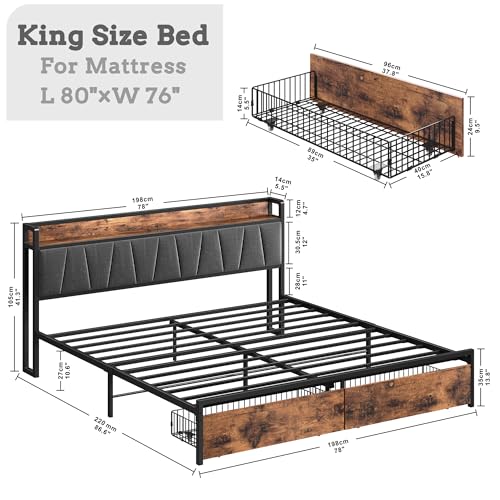 Image of LIKIMIO King Size Bed Frame with 2 Drawers and Charging Station | Platform Bed with Upholstered Storage Headboard, No Box Spring Needed, Easy Assembly, Sturdy, Industrial Brown and Gray