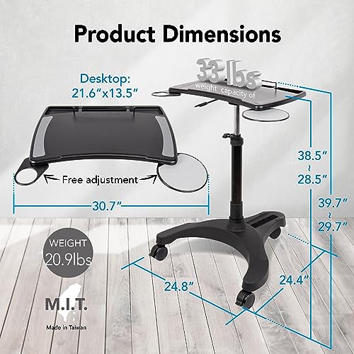 EHO Mobile Laptop Standing Desk Carts on Wheels with Stationery Storage, Pneumatic, Height Adjustable Rolling Stand, Sit to Stand Computer Cart, Workstation for Home, Office, Medical and School