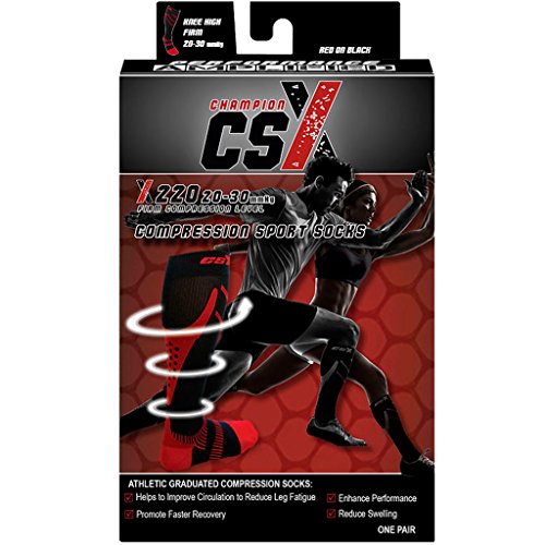 Image of CSX 20-30 mmHg Compression Socks for Men and Women, Knee High, Recovery Support, Athletic Sport Fit, Red on Black, Medium