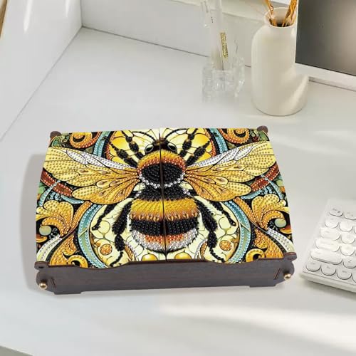 Image of MVVMTOP Diamond Painting Kit Wooden Storage Box, bee DIY Special Shaped Diamond Flip Cover Wooden Money Box, Handmade Art Desktop Decorations Birthday Gifts for Friends