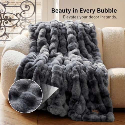 Image of Bedsure Fluffy Bubble Faux Fur Twin Blanket, 60 inchx80 inch, Tie-dye Grey