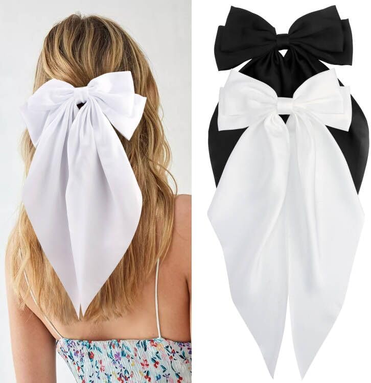 Velscrun Hair Bows Set - 4Pcs White, Black Big Oversized Satin Ribbons with Bow-Knot Hair Claw Clips, Long Tail Barrettes for Women and Girls