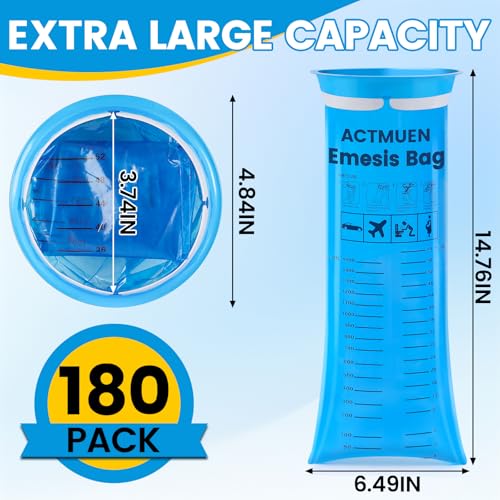Actmuen Vomit Bags Disposable 180 Pack, 1000ml Emesis Bags for Adults & Kids, Portable Puke Barf Bags for Car Travel Morning Sickness and Nausea Relief Leak Resistant and Odor Proof Design