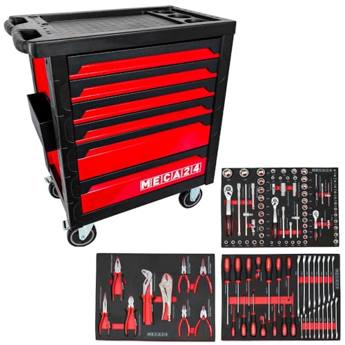 MECA24 Servante Pro 6 tiroirs - 3 tiroirs équipés 112 Outils - Fermeture sécurisée - 2 roulettes avec Freins - Capacité par tiroir 30kg