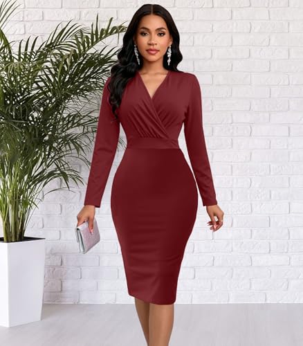 Image of Funeral Church Dresses for Women Formal Long Sleeve Wrap Business Work Dress Vintage Ruched Midi Pencil Dress