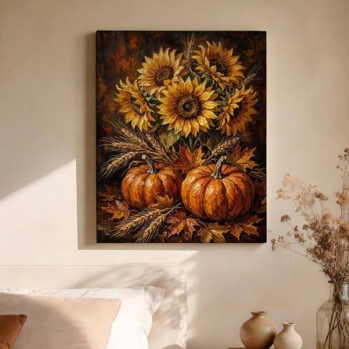 Lienzo de girasol y calabazas rústicas para decorar un salón acogedor en otoño 4