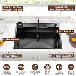 33×22 Waterfall Kitchen Sink with Faucet Black Drop in Single Bowl Kitchen Sinks 16 Gauge Stainless Steel Luxury Kitchen Workstation with 8 Accessory Include Glass Rinser and Soap Dispenser