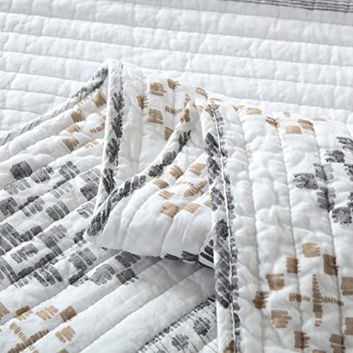 Sahsahcasa Quilt Queen Size, Queen Quilt Set, 100% Cotton Boho Quilt, Queen Quilt Bedding Set Bedspreads, Bohemian Reversible Lightweight Striped Quilts Bedspread For All Season, White/Grey, 3-Piece #TOP3