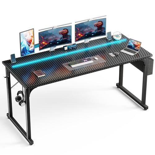 Image of DurayLoly 63 inch Gaming Desk with LED Lights,Computer Desk with Storage Bag for Home Office, Long Desk with Headphone Hook for Study Writing Work Wood Desk,Sturdy Metal Frame,Bedroom,Black