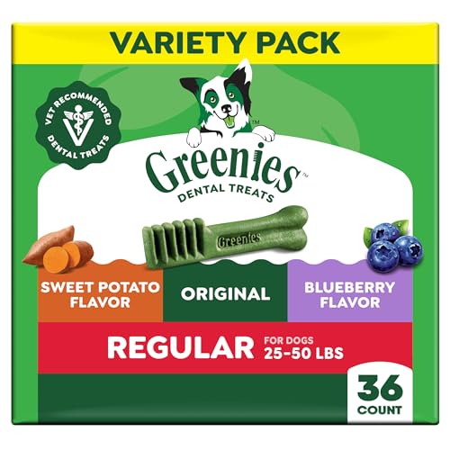 Image of Greenies Regular Dental Dog Treats Flavor, Variety Pack, 36 Count | Veterinarian-recommended, Original, Blueberry, Sweet Potato flavors, (3) 12 oz. packs, for dogs 25-50 lbs, freshens breath