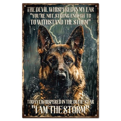 GLOBLELAND Deutscher Schäferhund Metall Blechschild - Schwarzer Hund Vintage 12×8 Zoll 'Ich Bin Der Sturm' - Lustige Wanddekoration Für Zuhause