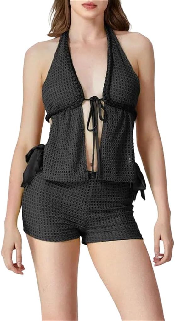 Women's Two Piece Knit Set Women Tie Up Tank Top Hollow Shorts Suits