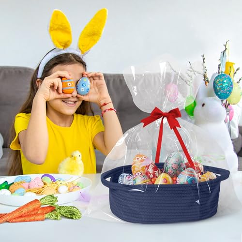 Image of Small Baskets for Gifts Empty, 13 inchx 9 inchx 5 inch Woven Gift Basket with Bag and Ribbon, Cotton Rope Kids Dog Cat Toy Bin Box, Cute Baby Nursery Organizer, Decorative Storage with Handles,Dark Blue