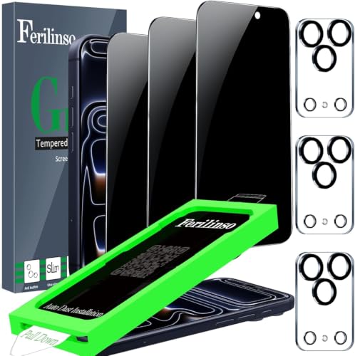 Image of Ferilinso Privacy Screen Protector for iPhone 17 Pro Max, Tempered Glass | 3 Pack, 9H Hardness, Military-Grade Shatterproof, Case Friendly, Easy Installation Bubble Free, with Camera Lens Protectors