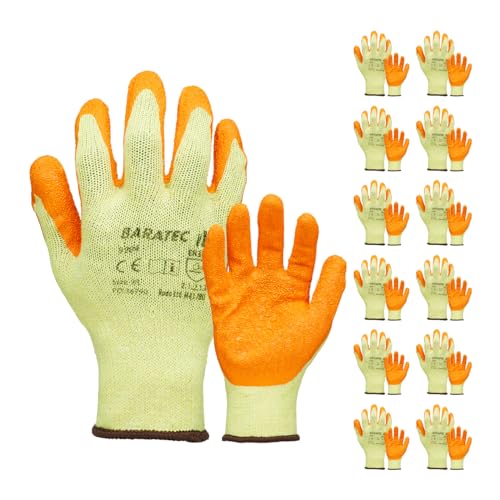 Baratec Pack of 12 Work Gloves, Latex Gloves, Gardening Gloves, Mens Womens, Waterproof Latex Grip, Safety Gloves, Working Gloves, Heavy Duty Gloves, Builders, PPE, Protective Gloves - Size 8/M