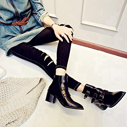 VOKLIN Women's Pointed Toe Chelsea Ankle Boots Buckle Strappy Block Heel Booties Zipper Western Short Boot2