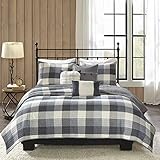 Madison Park Reversible Quilt Cabin Lifestyle Plaid Design - All Season, Breathable Coverlet Bedspread Bedding Set, Matching Shams, Ridge Grey Full/Queen(90'x90') 6 Piece